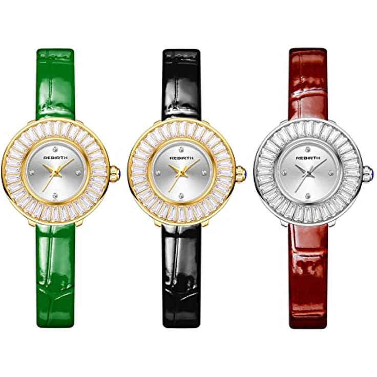 JewelryWe 3pcs Damenuhr, Analog Quarz Armbanduhr mit Kristall, Echtleder, Wasserdicht bis 30m, elegant trapezförmig, Geschenk für Frauen und Mädchen – Bild 1