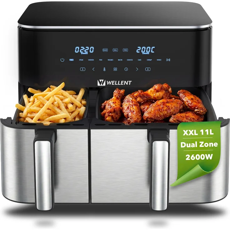 WELLENT XXL Heißluftfritteuse 11L Dual Zone, Airfryer 2600W mit 2 Körben, 10 Programme, LED Touch, spülmaschinenfest, ohne PFAS