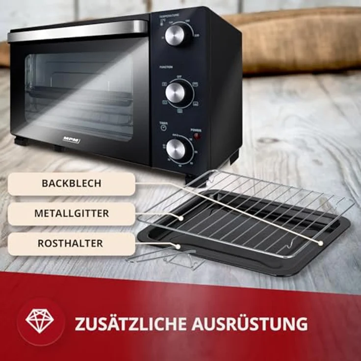 MPM MPE-15/T, Freistehender Elektrischer Mini-Ofen mit 28 Liter, Umluft, Timer bis 230°C, 1500W, Schwarz – Bild 5