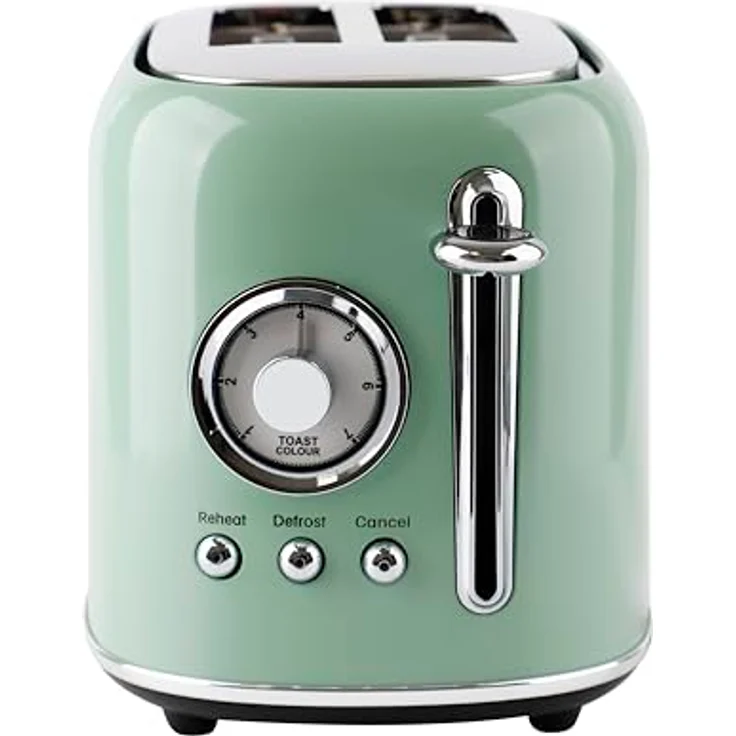 Emerio Toaster TO-133281, Retro-Toaster aus grünem Edelstahl mit 7 Bräunungsstufen, Auftau- und Aufwärmfunktion, automatischer Zentrierung, Abbruchfunktion, herausnehmbarer Krümelschublade und Brötchenwärmer – Bild 2
