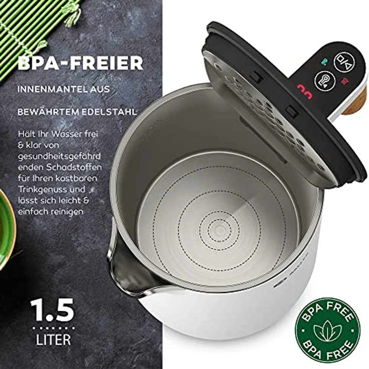 BALTER WK-08-WH Edelstahl-Wasserkocher, 2200W, 1,5L, doppelwandig, kabellos, Warmhaltefunktion, weiß – Bild 5