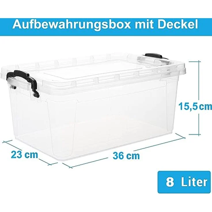 Aufbewahrungsbox mit Deckel und Griff, 8 Liter, 4 Stück - Stapelbare Plastikbox aus lebensmittelechtem Kunststoff, Made in EU, transparent – Ideal für Küche & Haushalt, Platzsparend & BPA-frei – Bild 2