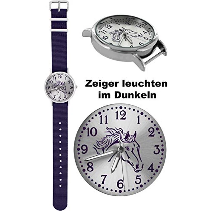 Pacific Time Mädchen Uhr 10302, analoge Quarz-Armbanduhr mit Pferdemotiv, violett, wechselbares Textilarmband 16mm – Bild 4