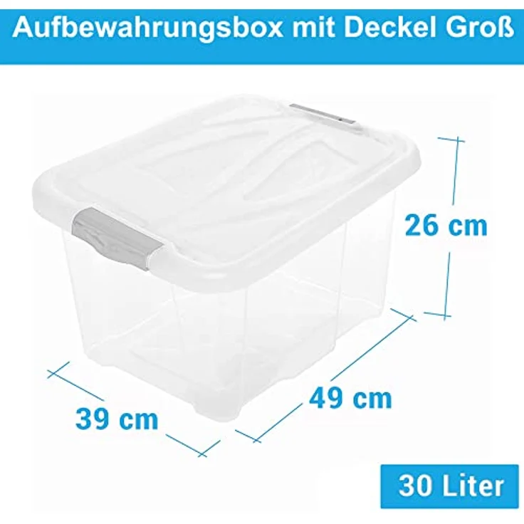 2friends Aufbewahrungsbox mit Deckel Groß, 4er Set 30L, transparente Kunststoffboxen mit grauen Clipverschlüssen, stapelbar, BPA-frei, 49cm x 39cm x 26cm, ideal für Ordnung in Büro, Küche & Garage – Bild 2