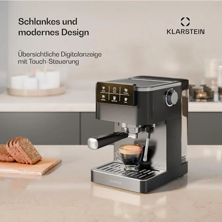 Klarstein SteelPresso Touch Siebträgermaschine – 20-Bar, 1350 W, Edelstahl, 1,5-L-Wassertank, Touch-Display, Integrierter Milchaufschäumer, Kompaktes Design, Kaffeemaschine – Bild 6