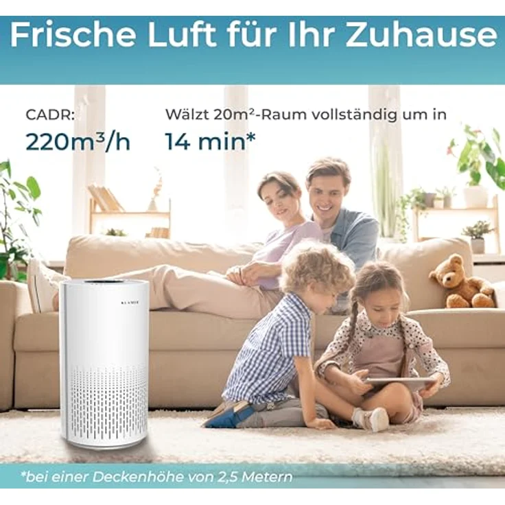 KLAMER Luftreiniger 300i mit HEPA Filter, CADR 220 m³/h, für 50 m² Räume, Smart App, Laser-Sensor, 360° Luftzirkulation, 3 Modi – Bild 3