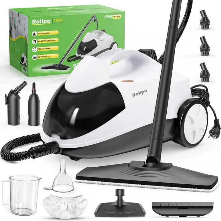 Rolipo Dampfreiniger Steam Cleaner, 2000 W, 4 Bar Dampfdruck, 2L Wassertank, 40 Minuten Nutzungsdauer, Komplettset mit 5 Zubehörteilen
