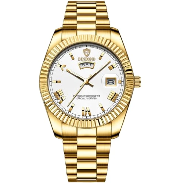JewelryWe Herrenuhr Edelstahl Analog Quarz mit 30m Wasserdichtigkeit, Leuchtzeigern und römischen Ziffern, Gold Armband – Bild 1
