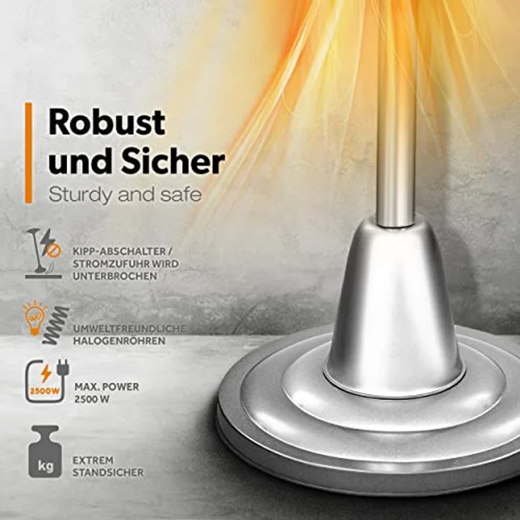TRESKO Heizstrahler Infrarot Heizpilz, Wärmestrahler Terrasse elektrisch, 2500 W, Terrassenstrahler Innen & Außen, Standheizstrahler mit LED-Anzeige, Edelstahl/Silber – Bild 3