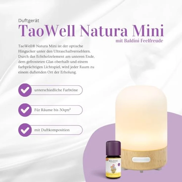 Baldini Duftlampe Taowell Natura Mini, Ultraschallvernebler mit Echtholzelement und farbwechselndem Licht, inkl. Naturduft Feelfreude – Bild 2