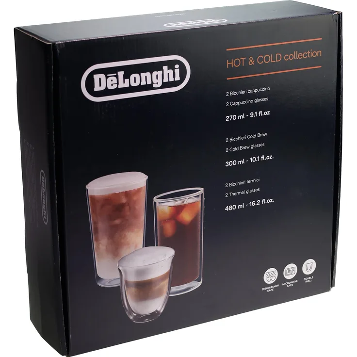 De'Longhi DLSC326 Hot&Cold Kollektion, Set mit 6 doppelwandigen Thermogläsern aus Borosilikatglas, spülmaschinenfest