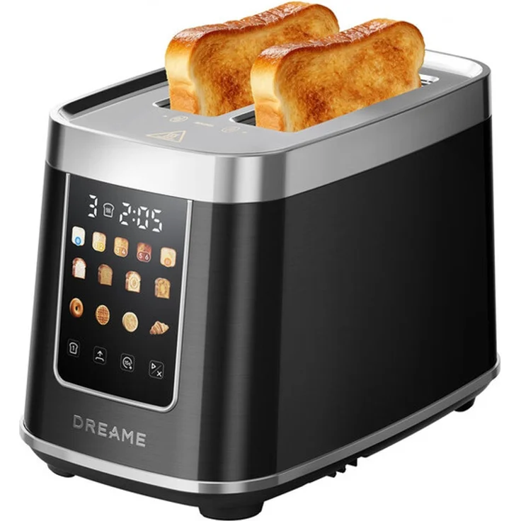 Dreame ToastControl Smart Toaster, Schwarz, 5,3 Zoll IMD-Touchscreen/8 Brotprogramme/6 Bräunungsstufen/1200 W/motorisiertes Auto-Lift/Quick-Check-Funktion/38 mm breite Schlitze/Auftauen/Auftösten/15 Sekunden Nachlauf/Brotkrustenwärmer/Erinnerungsfunktion/