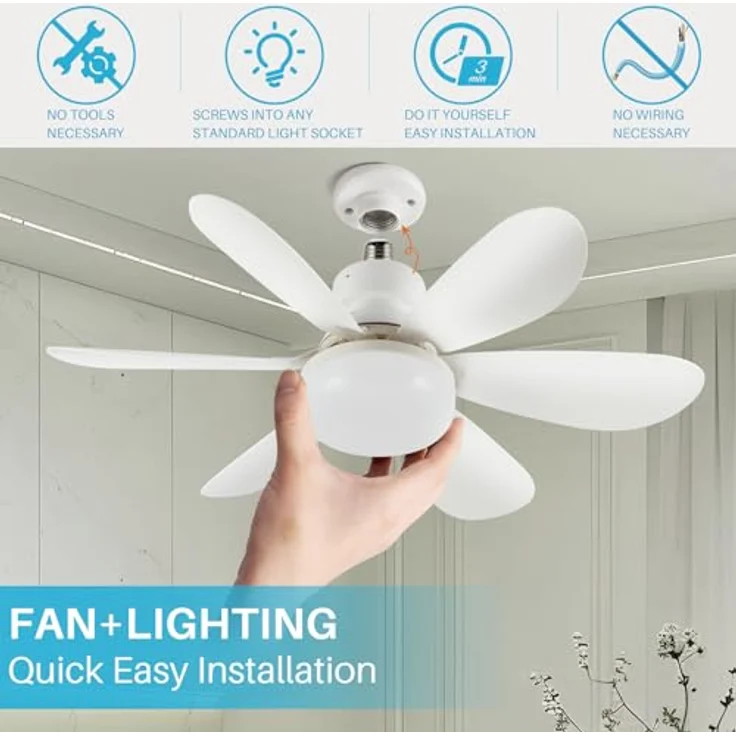 OKYUK Deckenventilator mit Beleuchtung, dimmbare Farbtemperatur, E26/E27-Sockel, 48 cm, fernbedienbar, leise, Weiß – Bild 2
