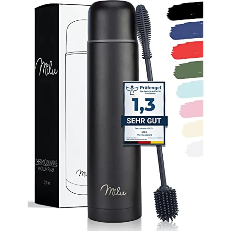 Milu Thermosflasche Thermoskanne Isolierflasche 1L, 750ml, 500ml - Isolierte Edelstahl Trinkflasche, 100% Auslaufsicher, Doppelwandisolierung (Schwarz, 750ml)