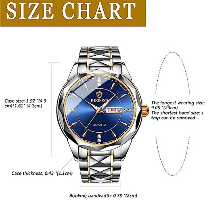 JewelryWe Paar Uhren Edelstahl, 2 Stück Blau Analog Quarz Pärchen Armbanduhr mit leuchtenden Zeigern, Datum- und Wochenanzeige, 30m wasserdicht – Bild 4