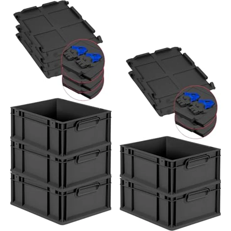 PROREGAL Eurobox NextGen Grip SuperSparSet, 5x Transportbehälter mit Scharnierdeckel & blauen Schiebeschnappverschlüssen, 16L, HxBxT 17x30x40cm, Schwarz – Bild 1