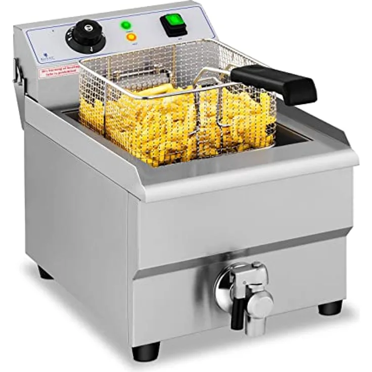 Royal Catering Elektro-Fritteuse Edelstahl RCEF 16EB (3.500 W, 16 l Kapazität, 50-200 °C, Kaltzone, Ablasshahn)