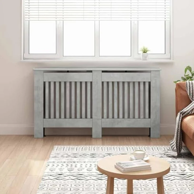 vidaXL Heizkörperabdeckung Beton Grau, 152 x 19 x 81,5 cm, Moderner Heizkörper-Schutz aus Holzwerkstoff, dekorativ und kindersicher – Bild 2