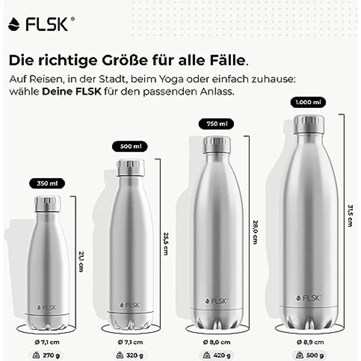 FLSK Das Original New Edition Edelstahl Trinkflasche – Kohlensäure geeignet 18 Stunden heiß, 24 Stunden kalt, 0,5l, silber – Bild 6