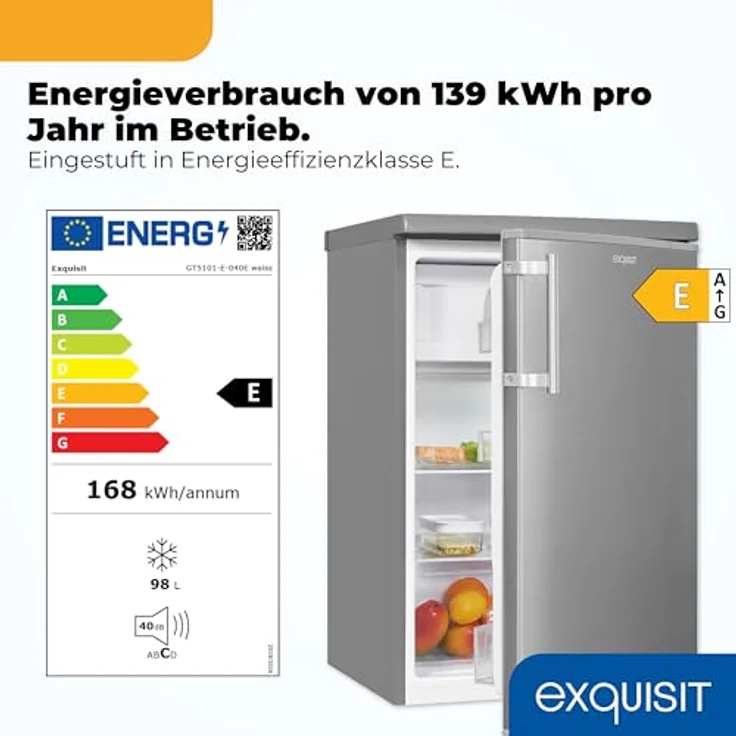 Exquisit KS516-4-HE-040E, Kühlschrank mit 109 l Nutzinhalt, 4-Sterne-Gefrierfach, LED-Innenraumbeleuchtung, wechselbarem Türanschlag, inoxlook – Bild 2