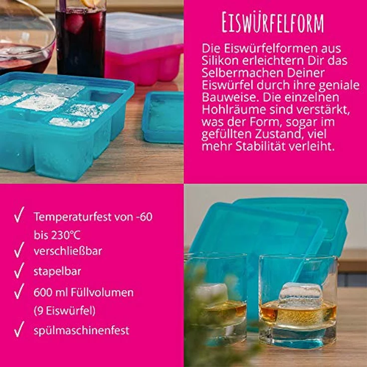 Kochblume Eiswürfelform, großer Silikon Eiswürfelbehälter mit Deckel, BPA-frei und stapelbar, 600 ml, türkis – Bild 2