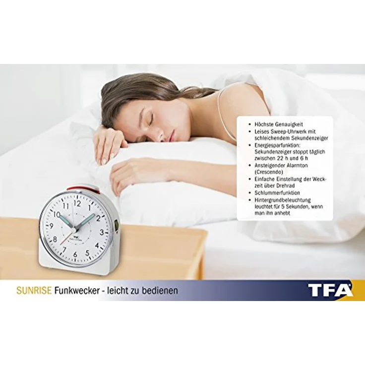 TFA Dostmann Analoger Funk-Wecker Sunrise, 60.1513.02, leises Uhrwerk, Weckalarm mit Snooze-Funktion, weiß – Bild 5