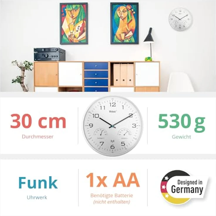 Mebus Funk-Wanduhr Modell 52841, 30 cm mit Temperatur- und Luftfeuchtigkeitsanzeige, lautlos, weiß – Bild 4