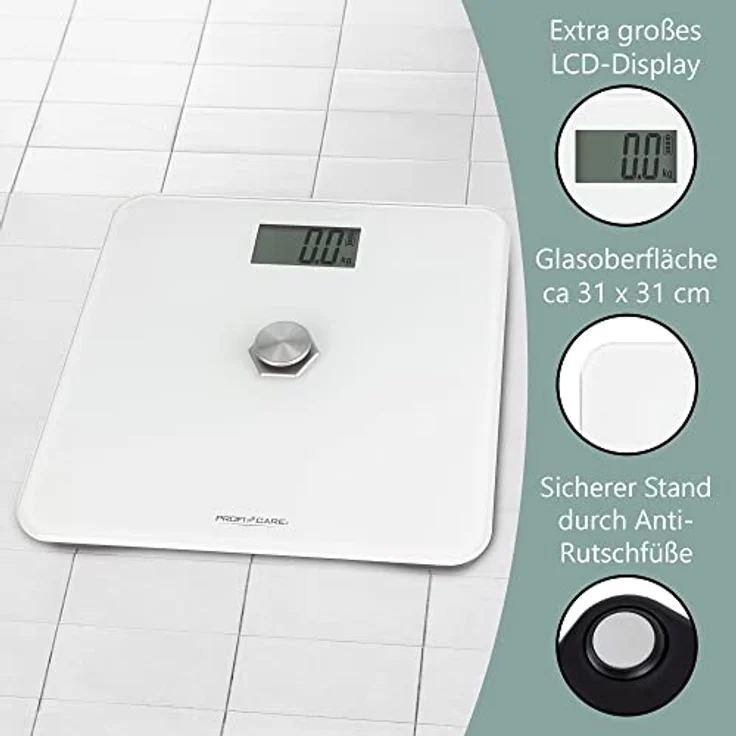 ProfiCare® Personenwaage ohne Batterie, Waage mit Messbereich von 5g – 180 kg und großem LCD-Display, Personenwaage digital mit kinetischer Energie und Glasoberfläche – PC-PW 3112 weiß – Bild 3