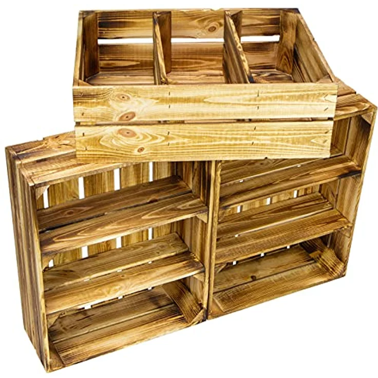 Kistenkolli Altes Land geflammte flache Obstkiste Wilma mit zwei Einlegeböden/Zwischenbrettern ca 50x40x16cm/ Regalkiste Gewürzregal Apfelkiste/Weinkiste (1er Set geflammt) - Ideales Gewürzregal aus Holz, bereits montiert, rustikaler Charme – Bild 5