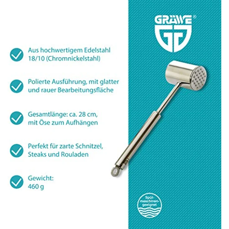 GRÄWE Fleischhammer aus Edelstahl, doppelseitig, Fleischklopfer mit Zwei Bearbeitungsflächen inkl. glatter und genoppter Fläche, 28 cm – Bild 2