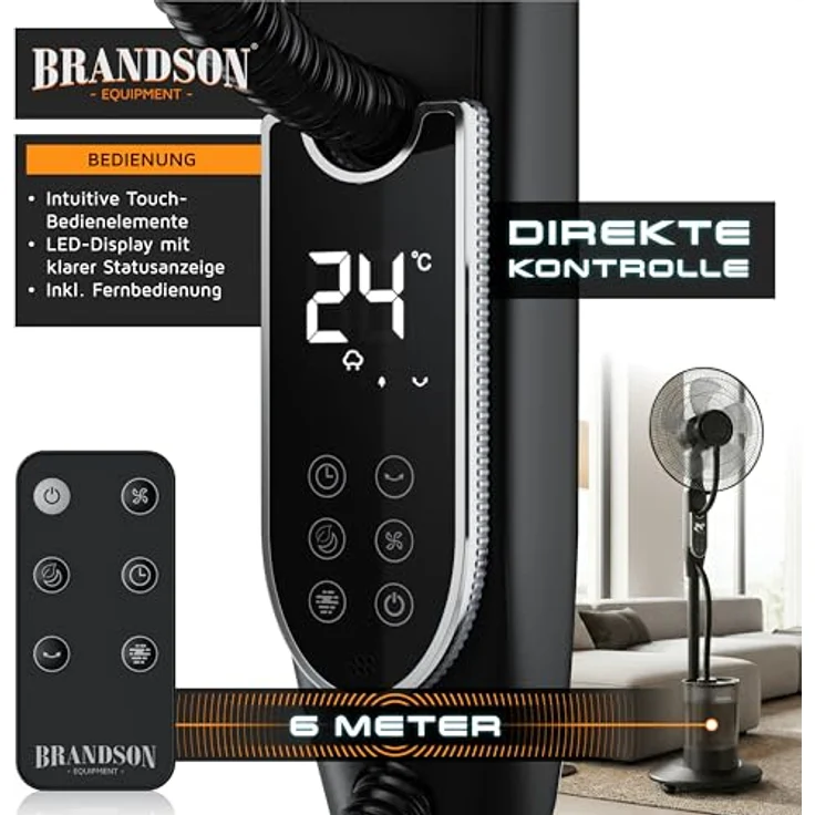 Brandson 308329 Ventilator mit Ultraschall-Luftbefeuchter, 5L Wassertank, Fernbedienung, Timer, 80° Oszillation, Verdunstungskühlung – Bild 6