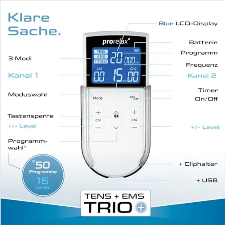 prorelax TENS/EMS Trio+ | Akkubetriebenes Elektrostimulationsgerät | 3 Therapien - TENS, EMS, FITNESS | Zur Entspannung, zum Muskelaufbau, zur Schmerzlinderung | 50 Programme | 16 Intensitätsstufen – Bild 4