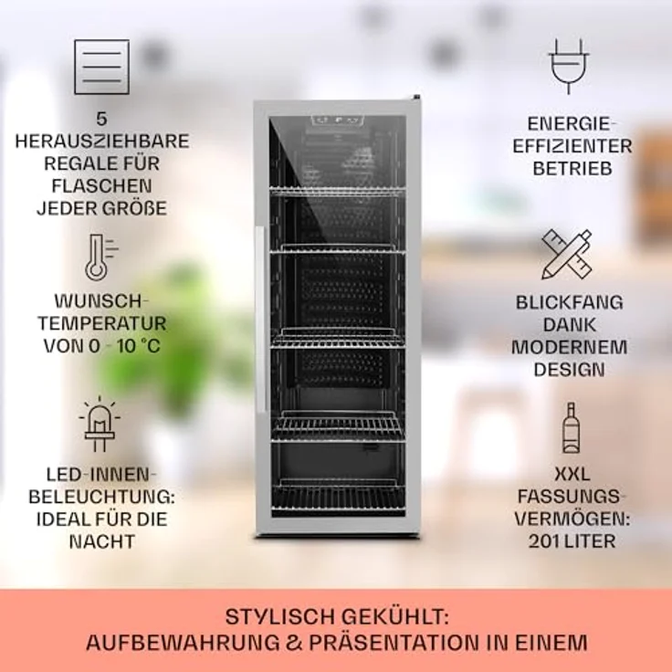 Klarstein Mini Kühlschrank mit Glastür, 201 Liter Getränkekühlschrank, leise mit verstellbaren Ablagen, Edelstahl – Bild 2