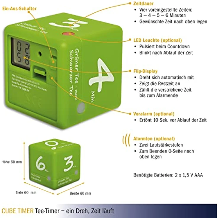 TFA Dostmann Tee-Timer Cube Timer Grün digital, Eieruhr mit festen Ablaufzeiten – Bild 3