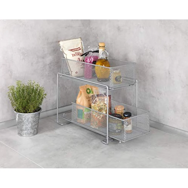 WENKO Schubladenregal Gioma, hochwertiger Organizer mit 2 Etagen und Korb-Auszug für Küchenschrank oder Arbeitsplatte, Küchenregal aus pulverbeschichtetem Metall, 35 x 33,5 x 18,5 cm, Silber-Matt – Bild 5