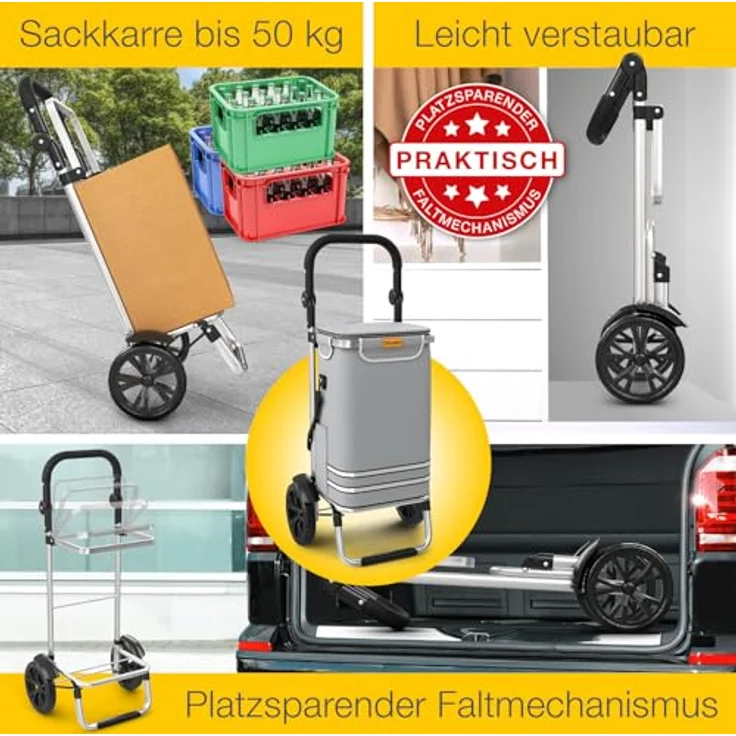 ELONEO Einkaufstrolley klappbar, 3in1 Einkaufswagen mit Kühlfach, 56L Kapazität, Silber, abnehmbare Umhängetasche & Sackkarre bis 50kg – Bild 2