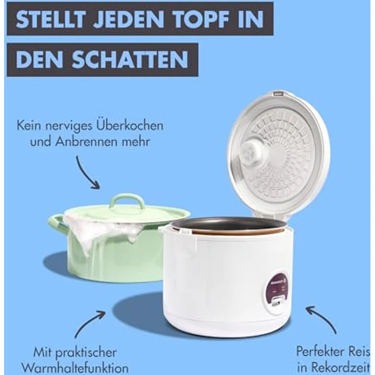 Reishunger Reiskocher & Dampfgarer mit Keramikbeschichtung - 1,2L, Weiß - für 1-6 Personen - Schnelle Zubereitung ohne Anbrennen - Mit Warmhaltefunktion inkl. Dämpfeinsatz, Löffel & Messbecher – Bild 5