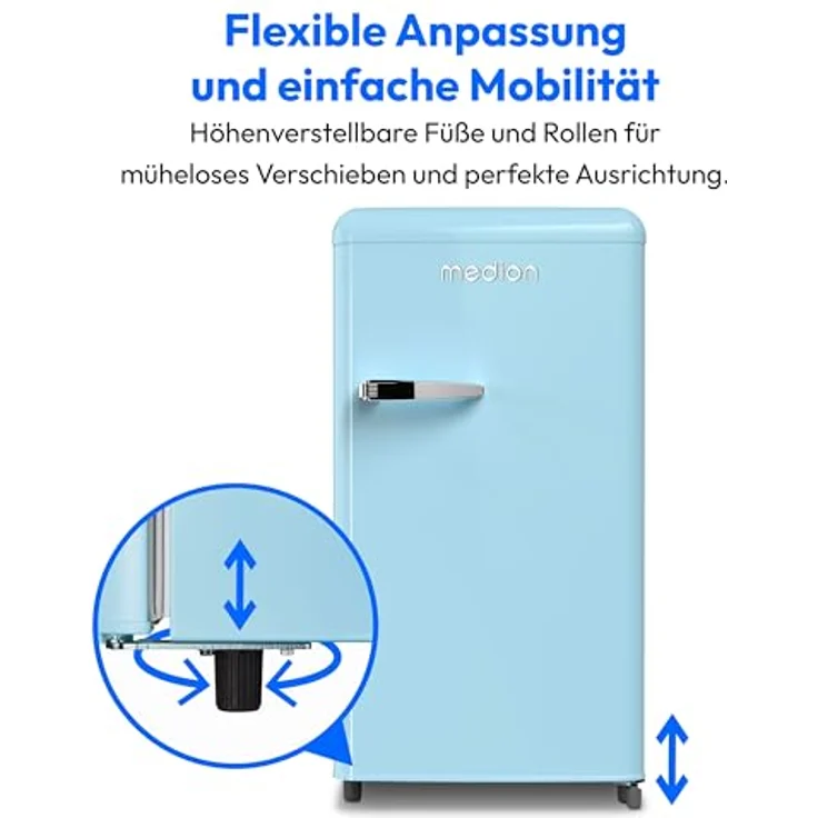 MEDION Retro Kühlschrank MD 37800 (91 Liter, 91cm Höhe, höhenverstellbare Füße, Metall Türgriff) blau – Bild 5