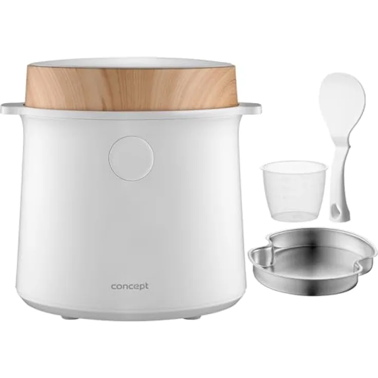 Concept RE3030 Multifunktionaler Reiskocher 1,5 l | 9 Programme | LED-Touch-Display - Integrierte Warmhalte- und Timerfunktion | Gesundes Dämpfen | Weiß mit Holzimitation