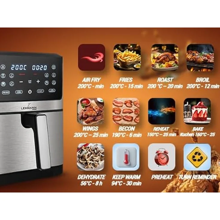 LEHMANN LHODF-1880 Heißluftfritteuse 8L XXL, 1800 W, 10 Programme, ohne Öl bis zu 200°C, Touchscreen - Schwarz – Bild 5