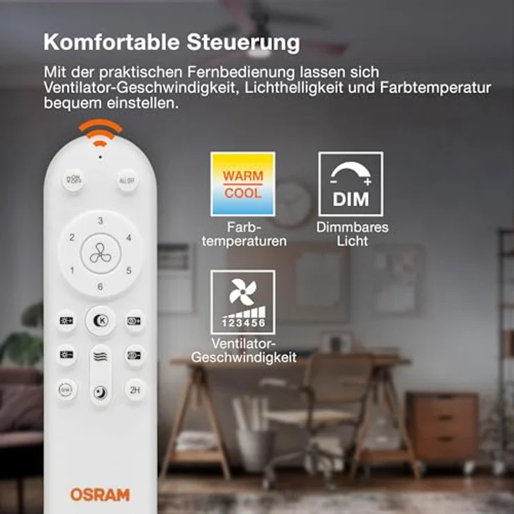 Osram LED-Deckenventilator, White, 21 W, 1.200 lm, dimmbar, Farbtemperatur 3000/4000/6500 K, Fernbedienung enthalten – Bild 2
