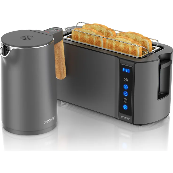 Arendo Frühstücks-Set, Edelstahl Wasserkocher mit Temperatureinstellung und 1,5l, 4 Scheiben Langschlitztoaster mit Brötchenaufsatz, Touch, Cool Grey