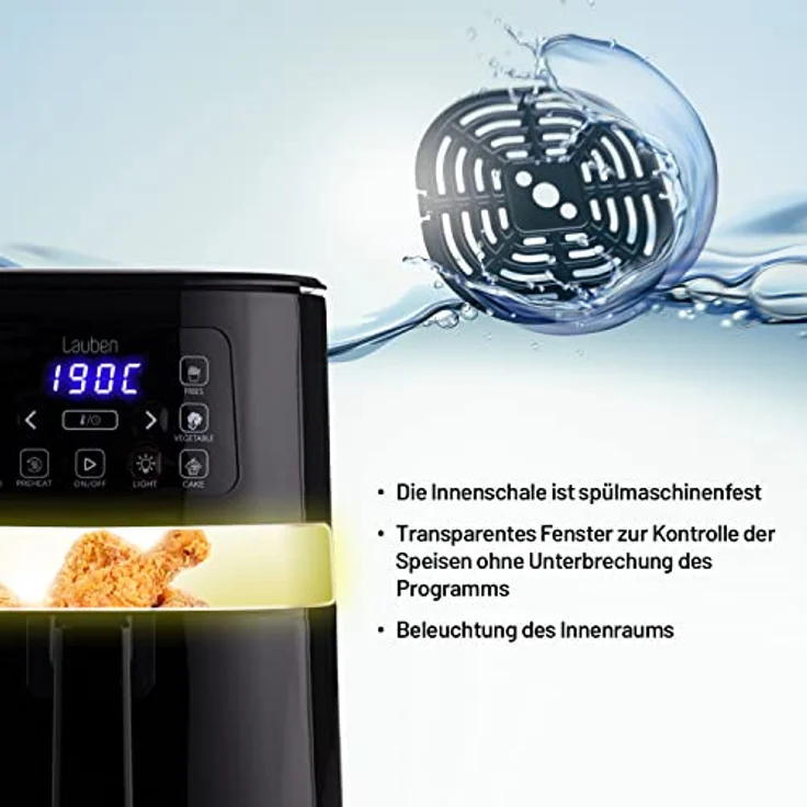 Lauben Hot Air Fryer 4000BC Heißluftfritteuse, 360° Heißluftzirkulation, 4 l Fassungsvermögen, 1600 W, 8 Programmen, spülmaschinenfest, einstellbare Temperatur: 120° - 200° – Bild 5