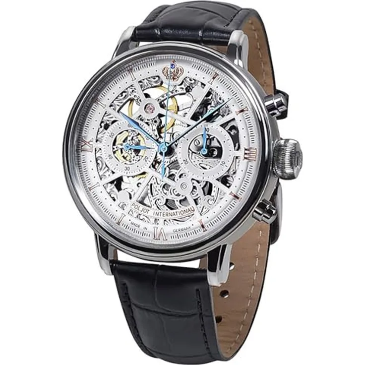 Poljot-International Handaufzug Herrenuhr Chronograph Nicolai II Skeleton 2901.194S011, Edelstahl in Silberfarben, Lederarmband in Schwarz