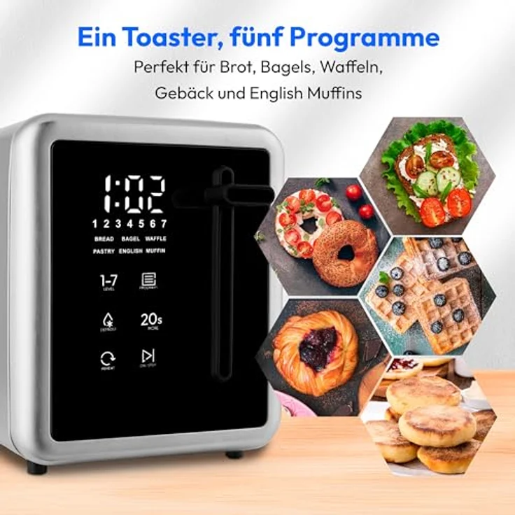 MEDION MD 12102 Toaster 2 Scheiben mit Brötchenaufsatz, 7 Bräunungsstufen, 5 Automatikprogramme, 850 Watt, Edelstahl matt, silber – Bild 4