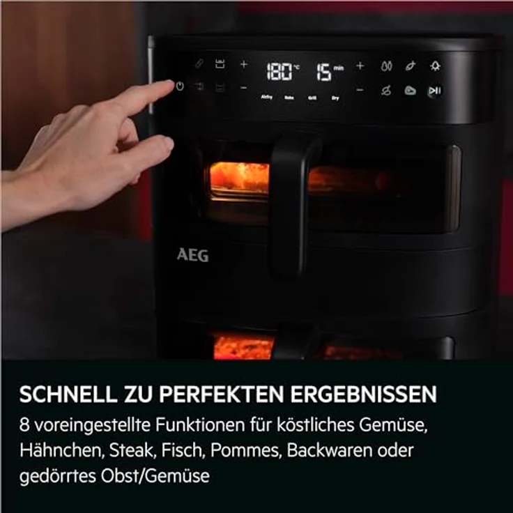 AEG AAFD11B Doppelkorb-Heißluftfritteuse 11 L, 2 Fächer, 8 Automatikprogramme, Sichtfenster, Innenbeleuchtung, spülmaschinenfest, Touch-LED-Display – Bild 3