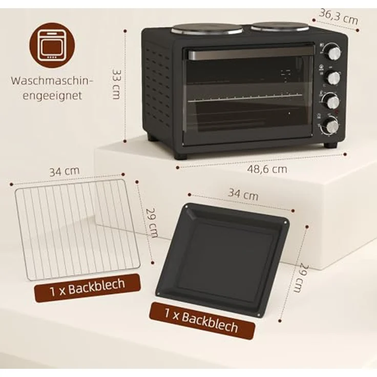HOMCOM Minibackofen 28 L 2600W Mini Backofen mit 2 Warmhalteplatten, Timer, Pizzaofen Schwarz – Bild 5