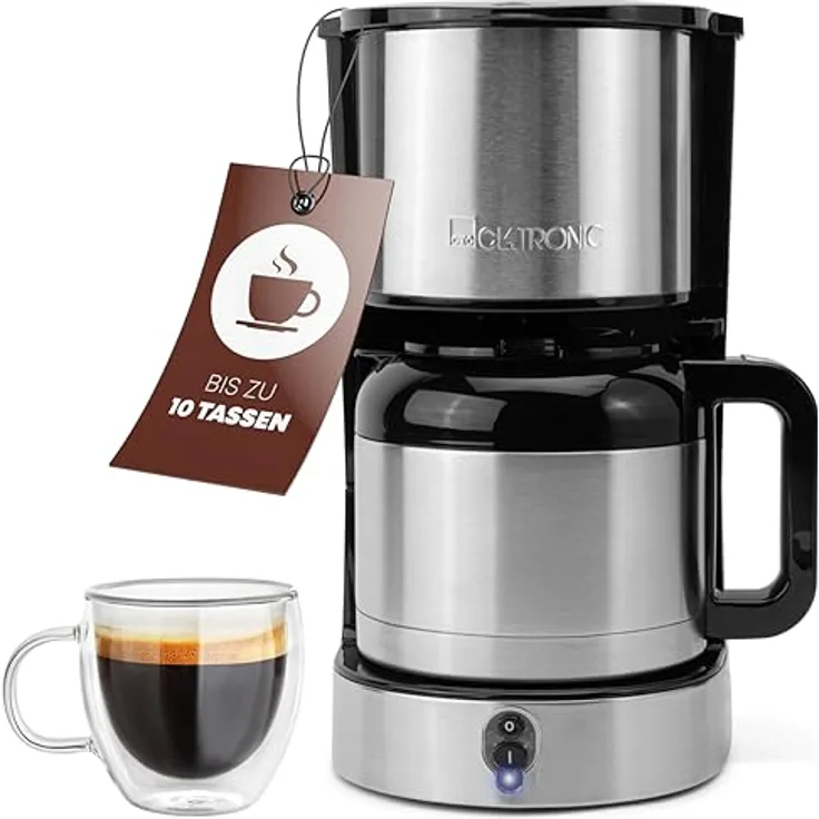 Clatronic® Kaffeemaschine mit Thermoskanne für 8–10 Tassen Kaffee (ca. 1,2L) | Filterkaffeemaschine Edelstahl | doppelwandige Thermoskanne | kein Temperaturverlust | Kaffeemaschine 800W | KA 3805