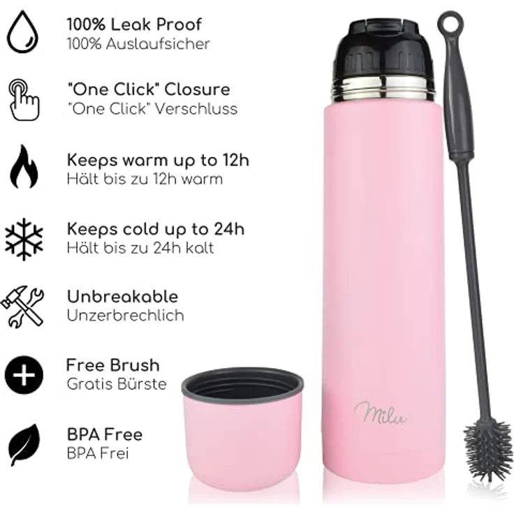 Milu Thermosflasche Thermoskanne Isolierflasche 1L, 750ml, 500ml - Isolierte Edelstahl Trinkflasche, 100% Auslaufsicher, Doppelwandisolierung (Rosa, 500ml) – Bild 2