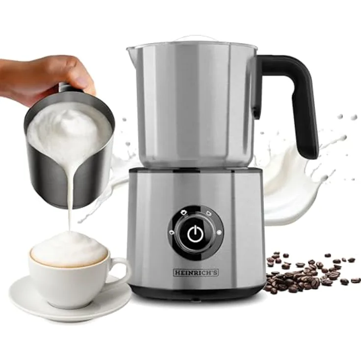 Heinrich's Elektrischer 4in1 Milchaufschäumer, 250ml, Edelstahl, 600W, 360° drehbare Basis, kalter/warmer Milchschaum, Milchaufwärmfunktion, perfekt für Barista-Milchschaum